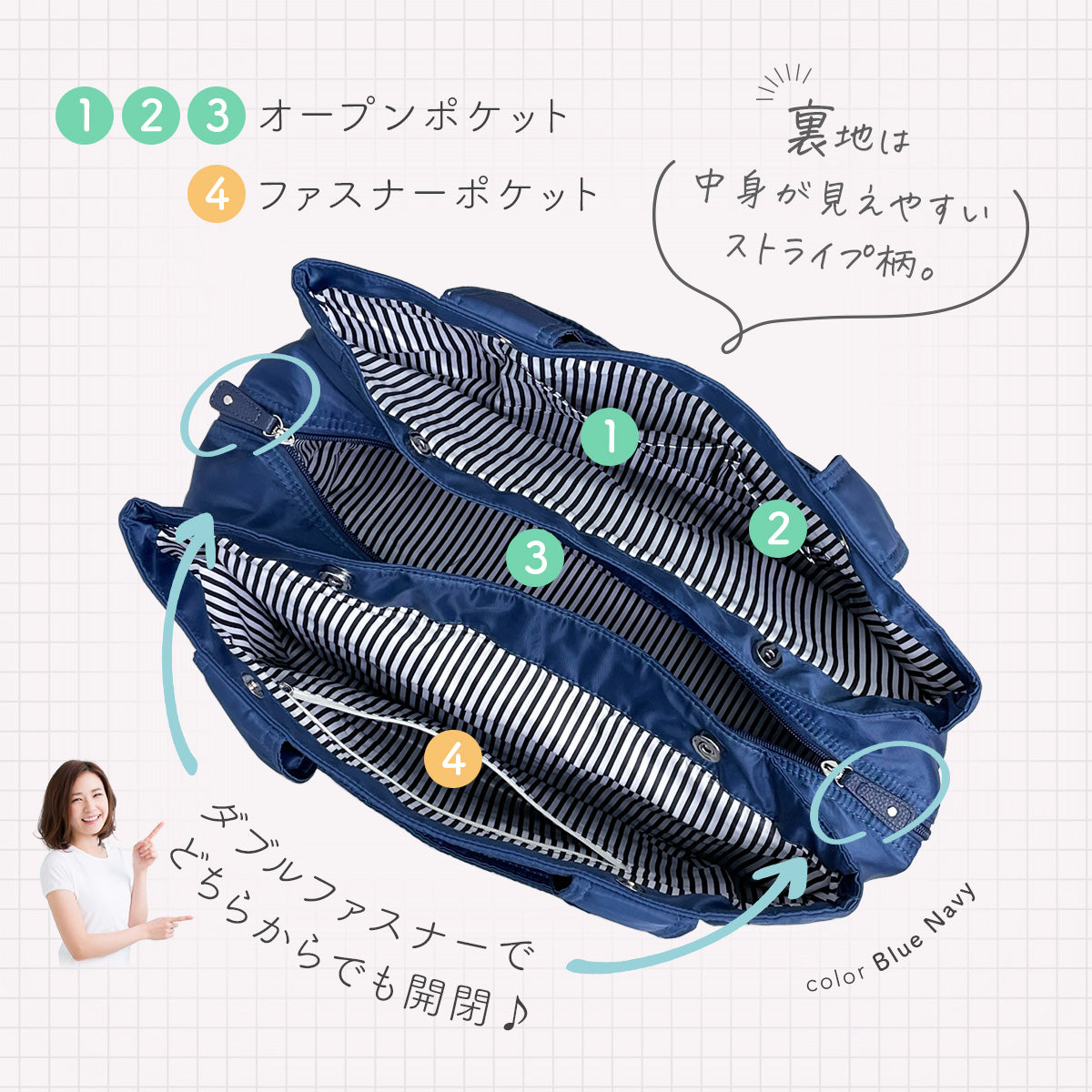 マザーズトート 大容量マザーズバッグ軽量&撥水ナイロン生地 2way 中身が見やすいストライプ柄