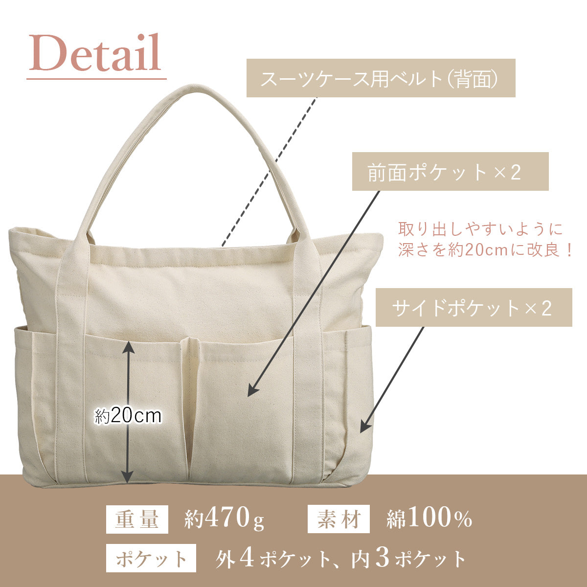 軽量キャンバストートバッグ コットン帆布素材 上部ファスナーで通勤や通学・マザーズバッグにおすすめ