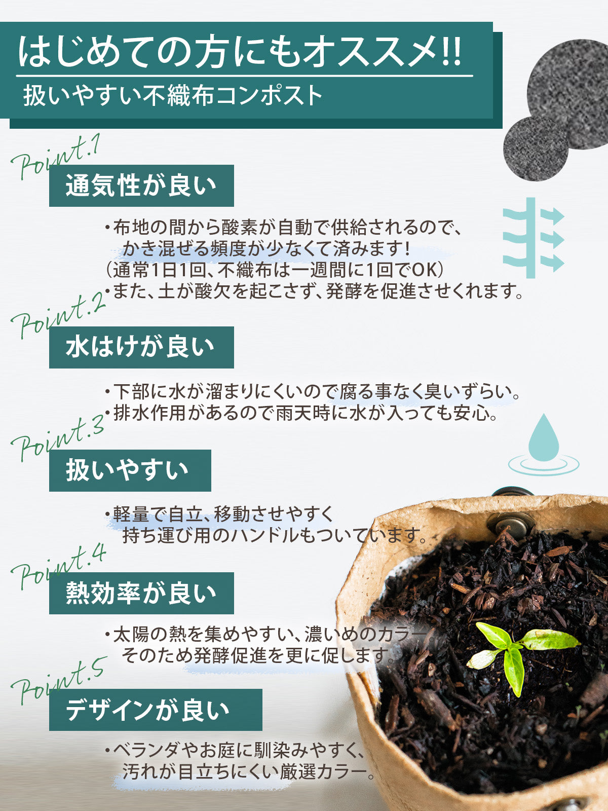 コンポストバッグ おしゃれ不織布 初めてでも初心者でも安心&簡単/家庭用 生ごみ処理コンポスト 堆肥作りに