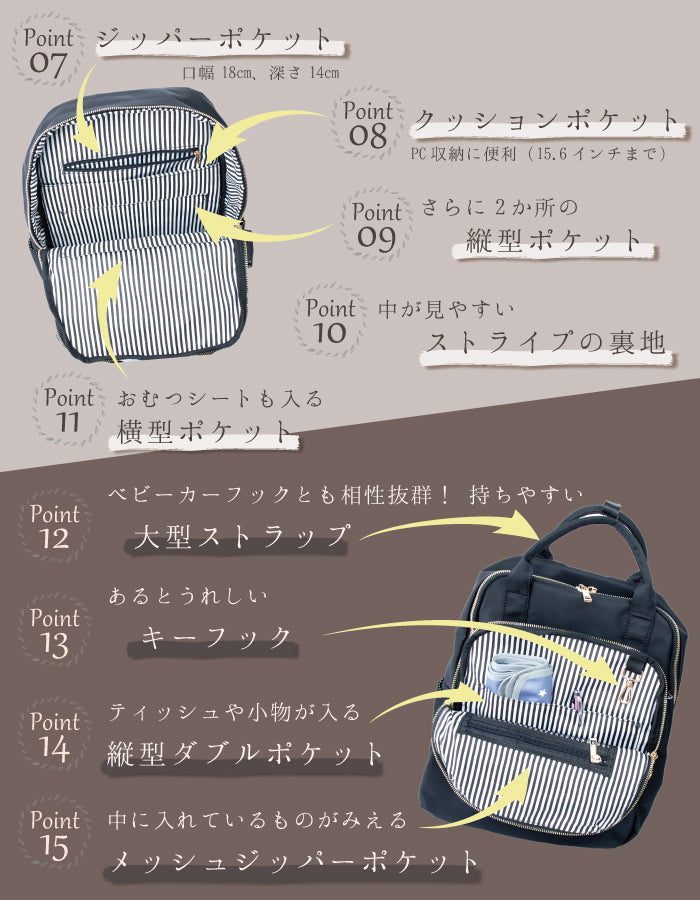 マザーズリュック 撥水＆3層おしゃれ｜大容量＆多機能ポケット マザーズバッグ