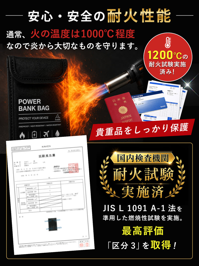 【所ジョージの世田谷ベース掲載】 耐火バッグ 耐火ポーチ ｜1200℃耐熱 モバイルバッテリーケース JIS試験済 難燃糸採用 防火バッグ リチウムイオン電池 発火対策 防災グッズ