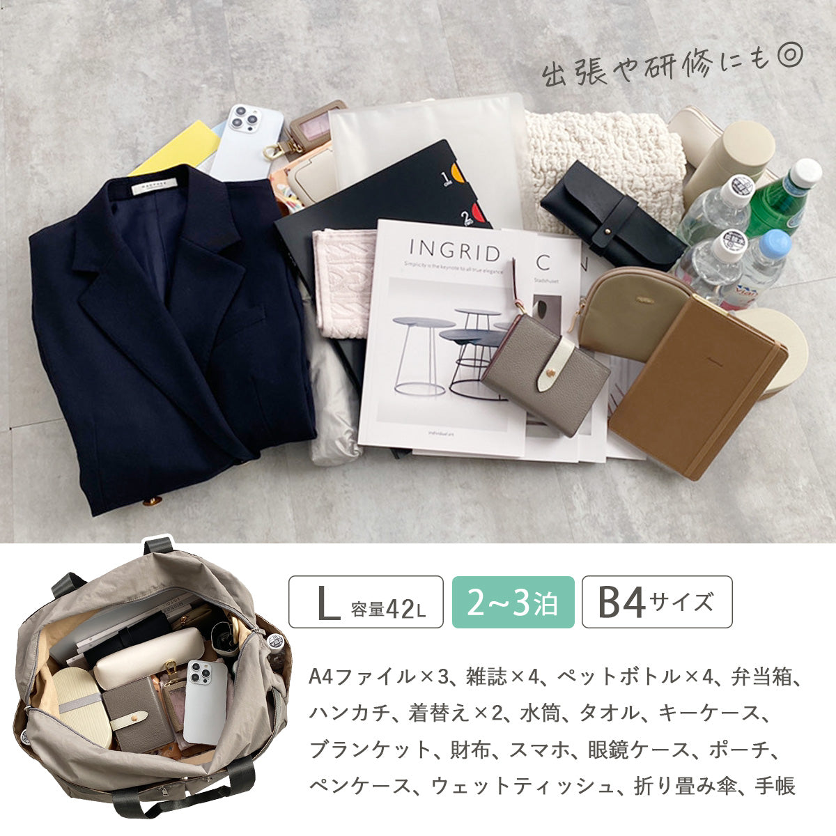 大容量ボストンバッグ 機内持ち込みサイズ はっ水 2～3泊 B4サイズ