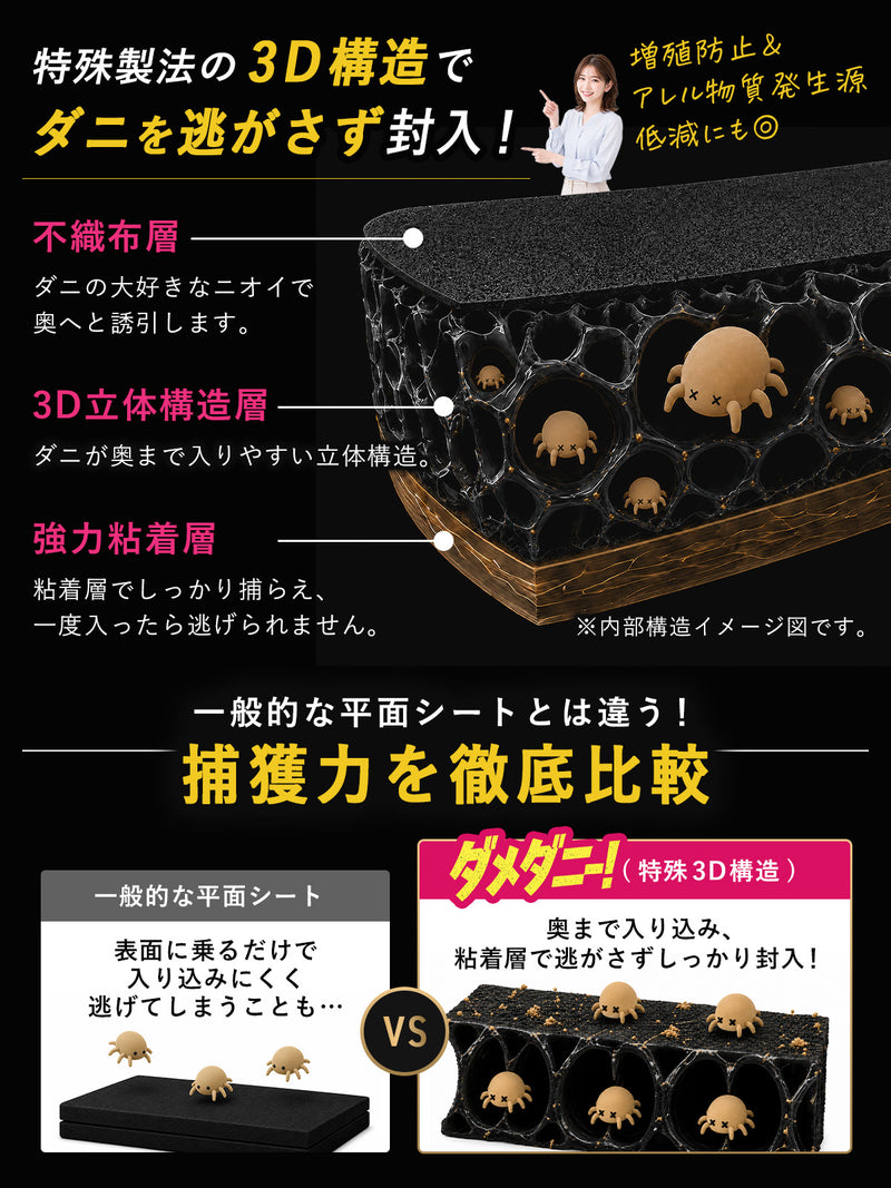 ダニ捕りシート 日本製 3個入り｜ダニ取り ダニ対策 置くだけ 約3か月持続 殺虫成分不使用 天然由来誘引成分 ベッド 布団